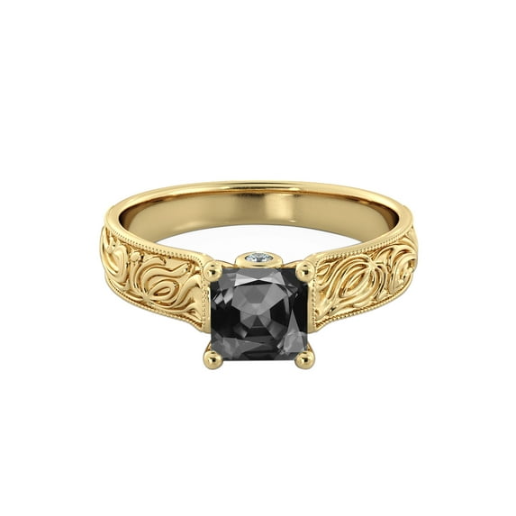 1.06 CTW 14K Yellow Gold Black Diamond Ring with Diamonds Vintage Hand Engraved Designer