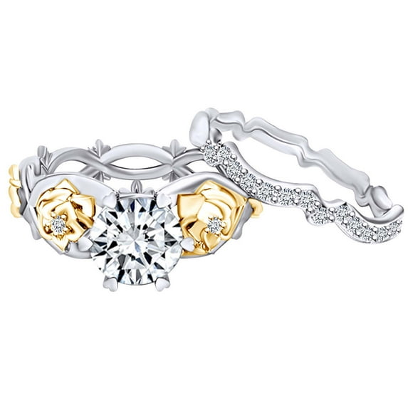 AFFY 1.06 Carat(Cttw) Round Moissanite & Natural Diamond Two-Tone Wedding Ring 14K Solid White Gold Ring Size-5