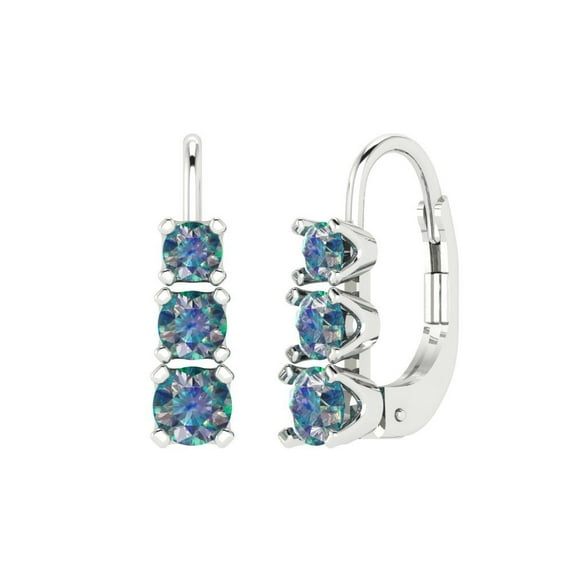 14K Solid Gold Lever Back Stud Earrings for Women | 1.06 cttw Round Cut Blue Moissanite | White Gold