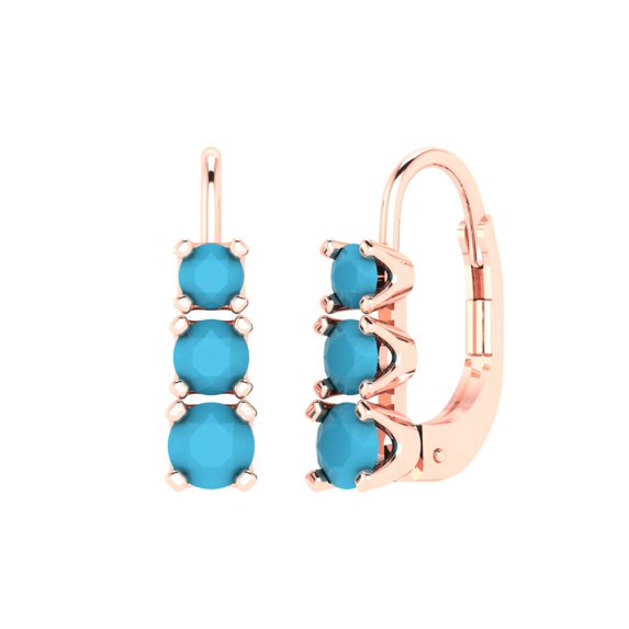 14K Solid Gold Lever Back Stud Earrings for Women | 1.06 cttw Round Cut Simulated Turquoise | Rose Gold