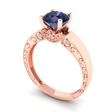 1.06 ct Brilliant Round Cut VVS1 Blue Sapphire 14k Rose Solid Gold Solitaire with Accents Wedding Bridal Anniversary Engagement Ring size 6.25