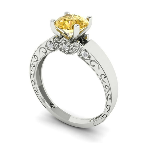 1.06 ct Brilliant Round Cut VVS1 Yellow Zircon 14k White Solid Gold Solitaire with Accents Wedding Bridal Anniversary Engagement Ring size 5.25