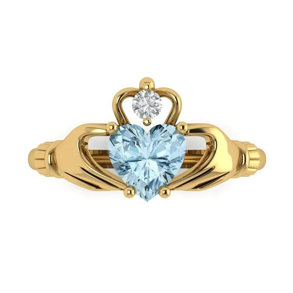 Clara Pucci 14K Yellow Gold Solid Gold Aquamarine Claddagh Anniversary Ring for Women - 1.06 cttw Heart Cut