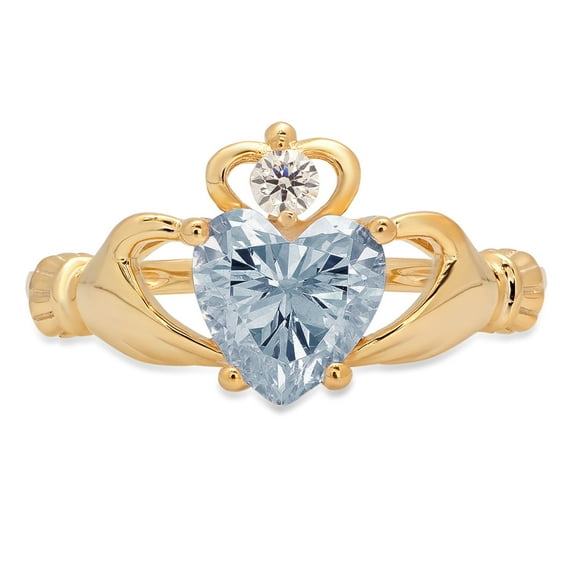1.06 ct Heart Cut Natural Swiss Blue Topaz Claddagh 18K Yellow Gold Womens Engagement Ring
