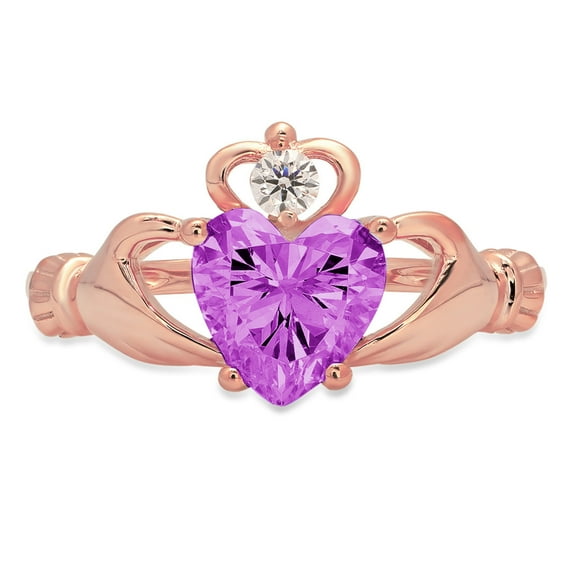 1.06 ct Heart Cut Simulated Alexandrite Claddagh 14K Rose Gold Womens Engagement Ring