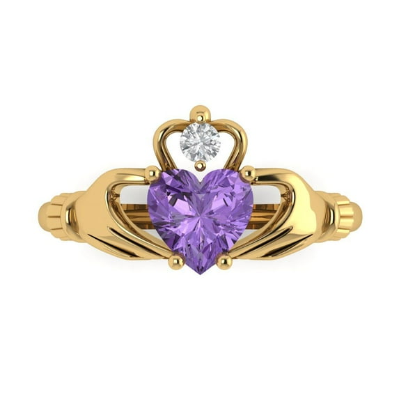 1.06 ct Heart Cut Simulated Alexandrite Claddagh 18K Yellow Gold Womens Engagement Ring