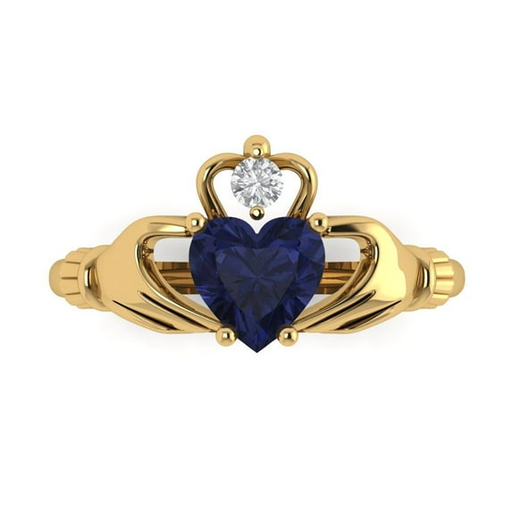 1.06 ct Heart Cut Simulated Blue Sapphire Claddagh Engagement Ring for Women in 18K Yellow Gold
