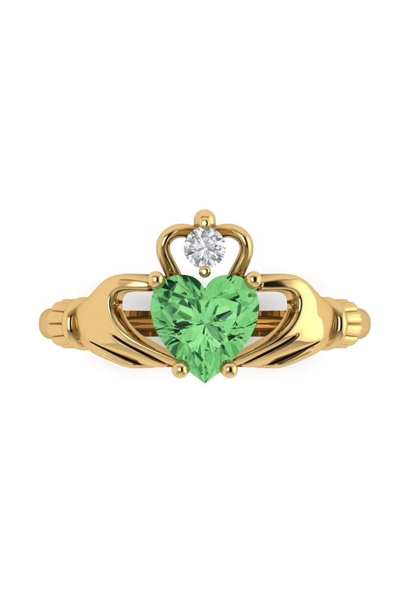 1.06 ctw Claddagh Anniversary Ring for Women | Heart Cut Simulated Green Diamond | Hyperallergenic Solid 18K Yellow Gold