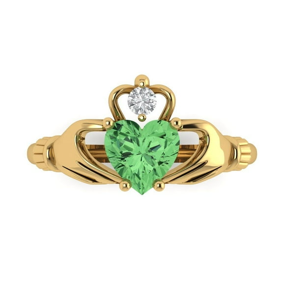 1.06 ct Heart Cut Simulated Green Diamond Claddagh Engagement Ring for Women in 18K Yellow Gold