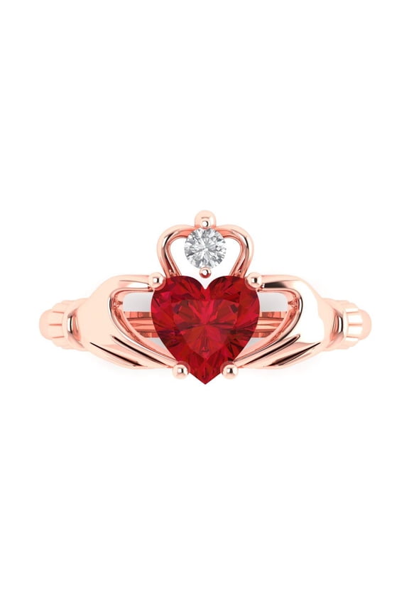 1.06 ctw Claddagh Anniversary Ring for Women | Heart Cut Simulated Ruby | Hyperallergenic Solid 18K Rose Gold