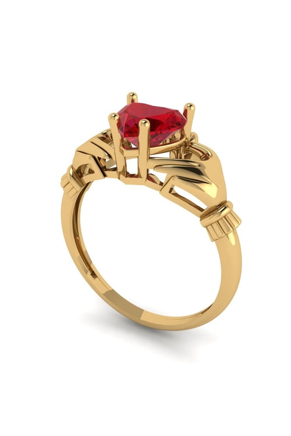 1.06 ct Heart Cut Simulated Ruby Claddagh Engagement Ring for Women in 14K Yellow Gold