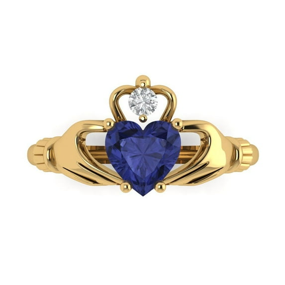 1.06 ctw Claddagh Anniversary Ring for Women | Heart Cut Simulated Tanzanite | Hyperallergenic Solid 18K Yellow Gold
