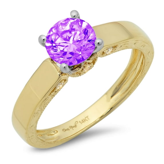 1.06 ct Round Cut Natural Amethyst Solitaire 18K Yellow/White Gold Womens Engagement Ring