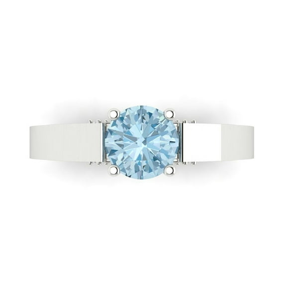 Clara Pucci 14K White Gold Solid Gold Aquamarine Solitaire with Accents Anniversary Ring for Women - 1.06 cttw Round Cut