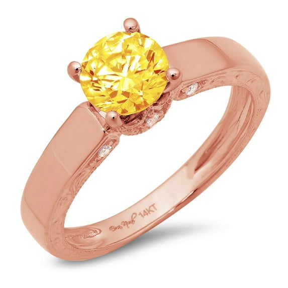 1.06 ct Round Cut Natural Citrine Solitaire with Simulated Diamond Accents 18K Rose Gold Womens Engagement Ring