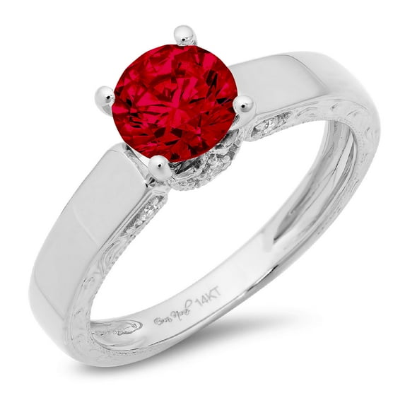 1.06 ct Round Cut Natural Garnet Solitaire with Simulated Diamond Accents 18K White Gold Womens Engagement Ring
