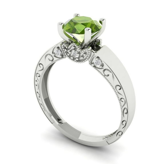 1.06 ct Round Cut Natural Peridot Solitaire with Accents Engagement Ring for Women in 14K White Gold