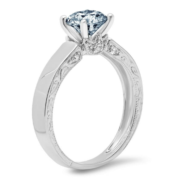 1.06 ct Round Cut Simulated Blue Diamond Solitaire with Accents Engagement Ring for Women in 18K White Gold