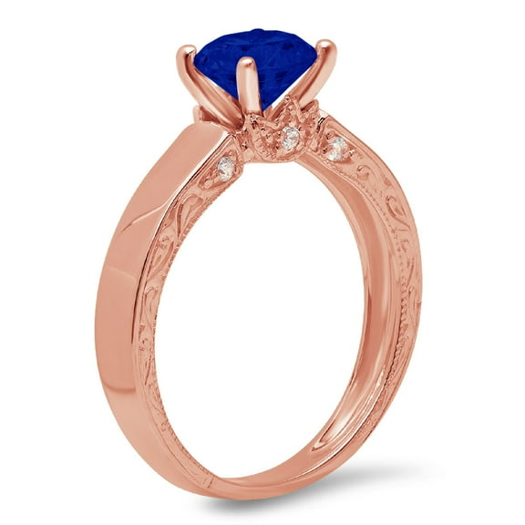 1.06 ct Round Cut Simulated Blue Sapphire Solitaire with Accents Engagement Ring for Women in 18K Rose Gold