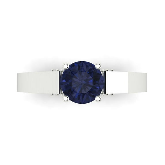 1.06 ctw Solitaire with Zirconia Diamond Accents Anniversary Ring for Women | Round Cut Simulated Blue Sapphire | Hyperallergenic Solid 14K White Gold