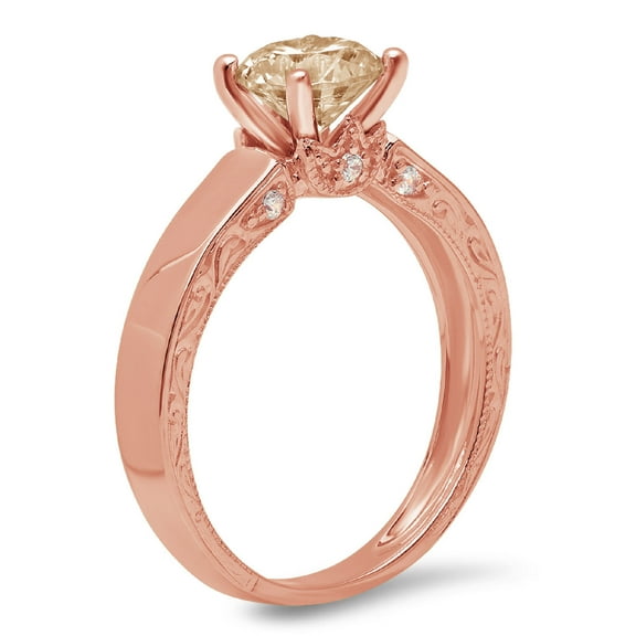 1.06 ct Round Cut Simulated Champagne Diamond Solitaire with Accents Engagement Ring for Women in 18K Rose Gold