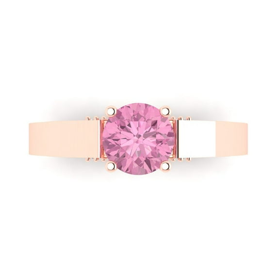 Clara Pucci 14K Rose Gold Solid Gold Pink Solitaire with Accents Anniversary Ring for Women - 1.06 cttw Round Cut