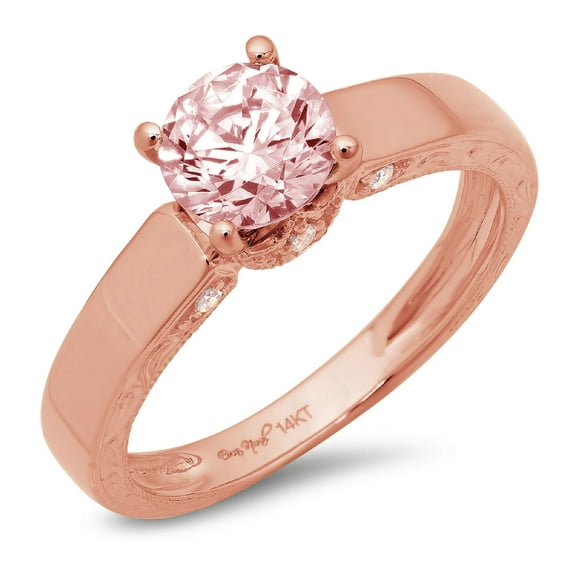 1.06 ct Round Cut Simulated Pink Diamond Solitaire with Simulated Diamond Accents 14K Rose Gold Womens Engagement Ring