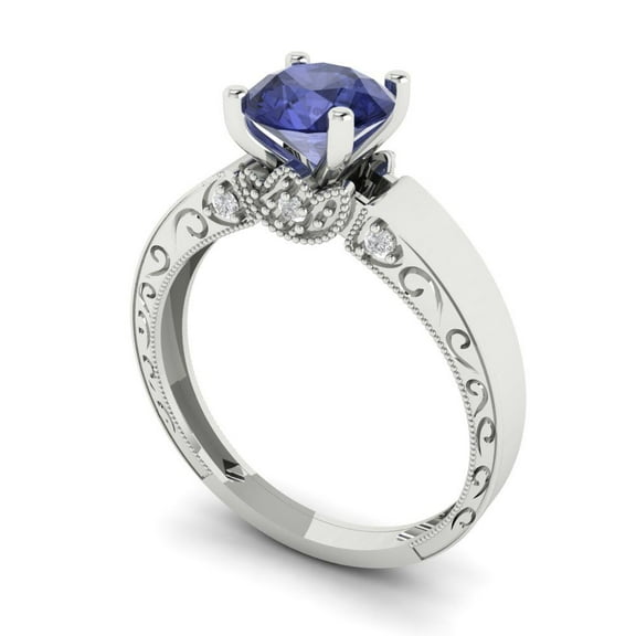 1.06 ct Round Cut Simulated Tanzanite Solitaire with Accents Engagement Ring for Women in 14K White Gold