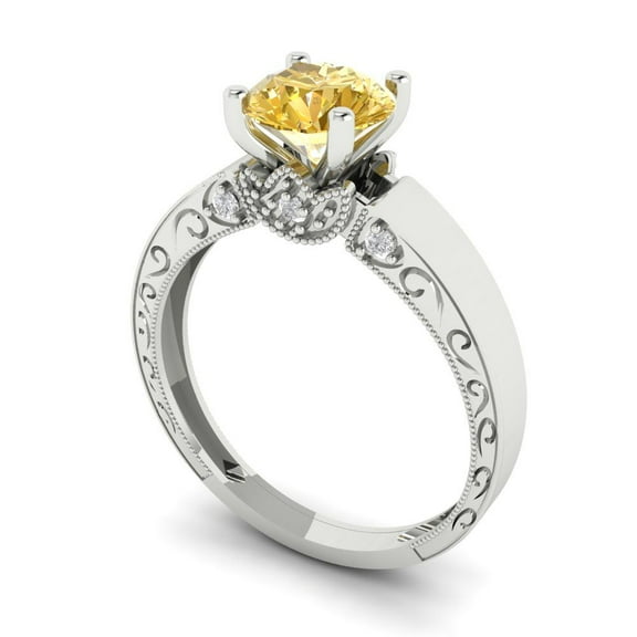 1.06 ct Round Cut Yellow Moissanite Solitaire with Accents Engagement Ring for Women in 18K White Gold