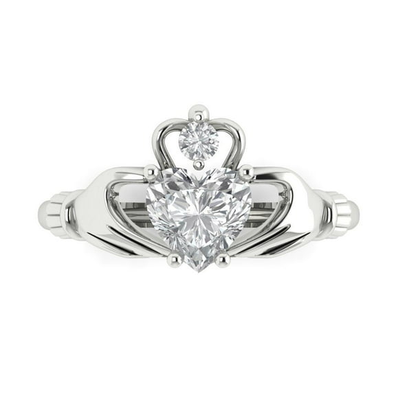1.05 ctw Claddagh Anniversary Ring for Women | Heart Cut Zirconia Diamond | Hyperallergenic Solid 14K White Gold