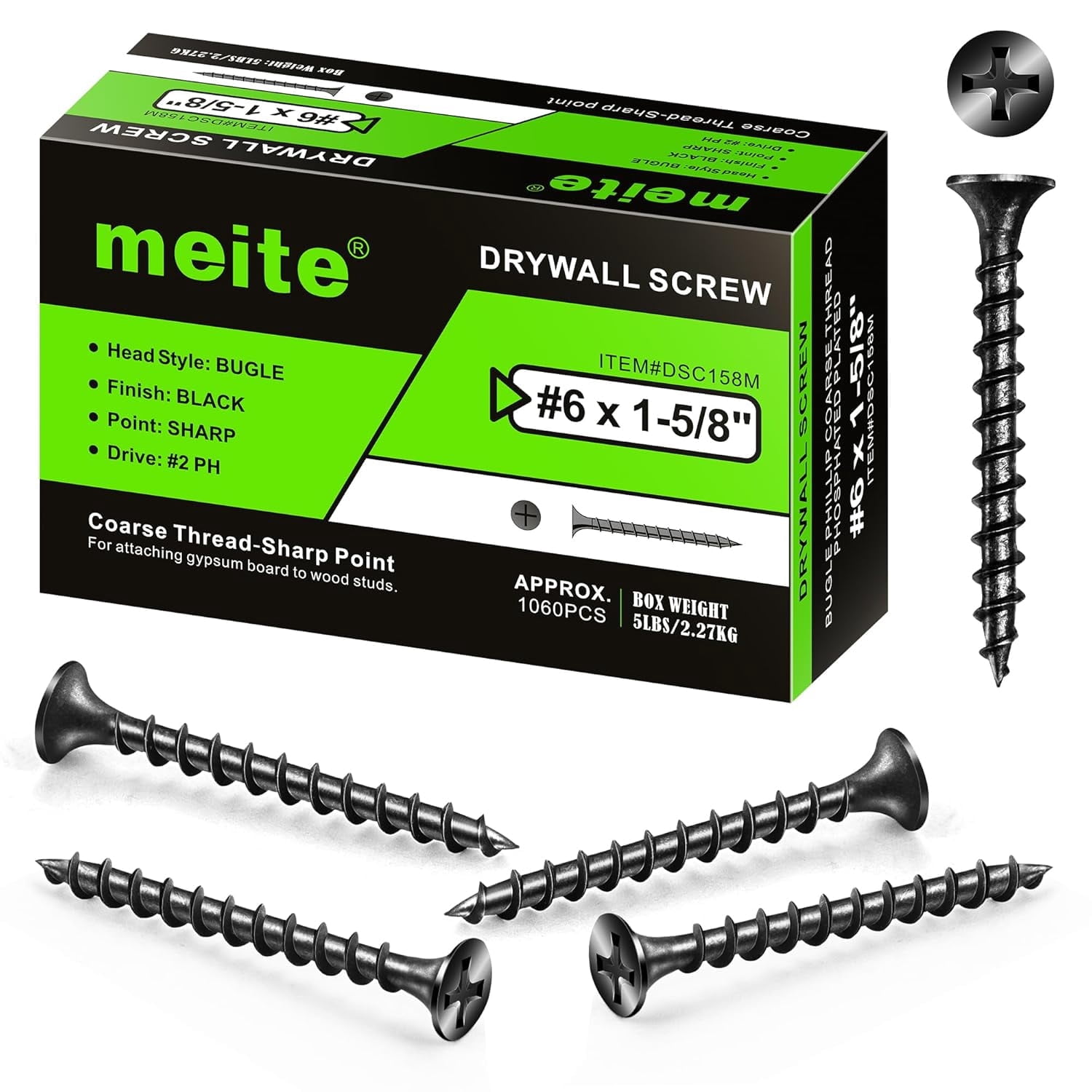 MEITE Drywall Screws, #6 x 1-5/8" Coarse Thread Wood Screws for Drywall, Wood and Furniture (5 LBS)