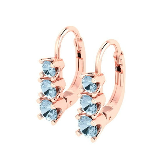 1.06Ct Brilliant Round Cut Drop Dangle Natural Aquamarine 14K Rose Solid Solid Gold Everyday Dainty Earrings Lever Back