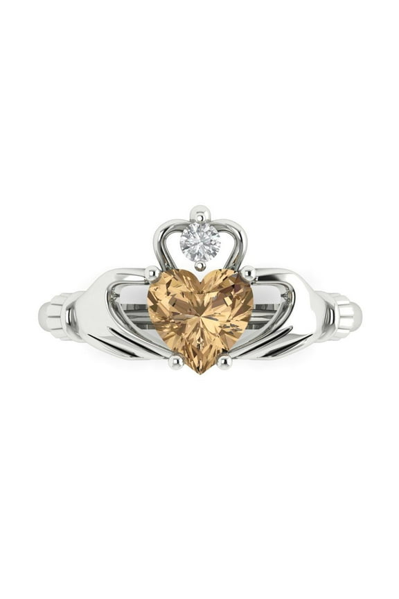 1.05 ct Heart Cut Simulated Champagne Diamond Claddagh Engagement Ring for Women in 14K White Gold