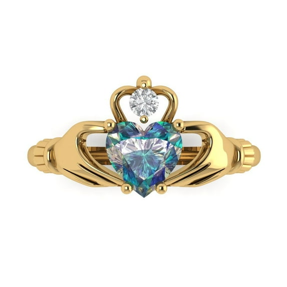 1.06 ct Heart Cut Blue Moissanite Claddagh 14K Yellow Gold Womens Engagement Ring