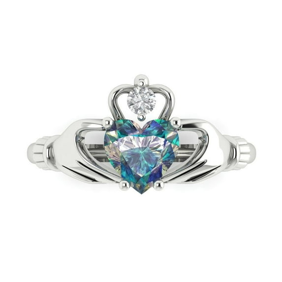 1.05 ct Heart Cut Blue Moissanite Claddagh 18K White Gold Womens Engagement Ring