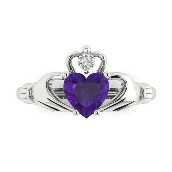 1.05 ctw Claddagh Anniversary Ring for Women | Heart Cut Natural Amethyst | Hyperallergenic Solid 18K White Gold