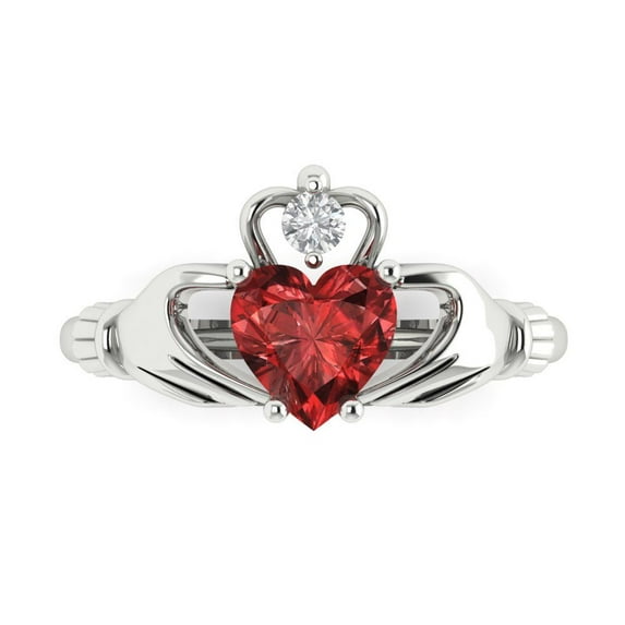 1.05 ctw Claddagh Anniversary Ring for Women | Heart Cut Natural Garnet | Hyperallergenic Solid 18K White Gold