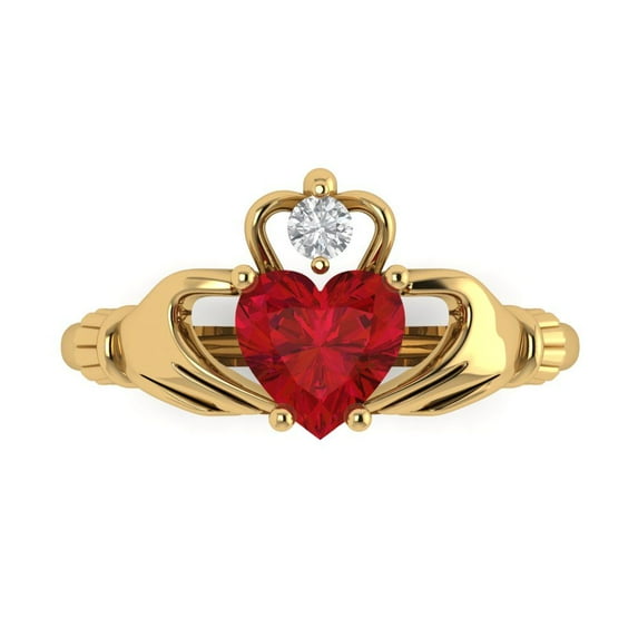 1.06 ctw Claddagh Anniversary Ring for Women | Heart Cut Simulated Ruby | Hyperallergenic Solid 18K Yellow Gold