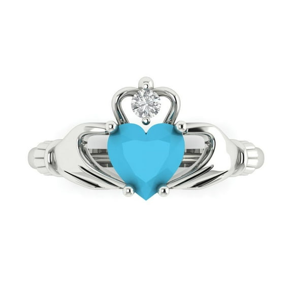 1.05 ct Heart Cut Simulated Turquoise Claddagh 14K White Gold Womens Engagement Ring