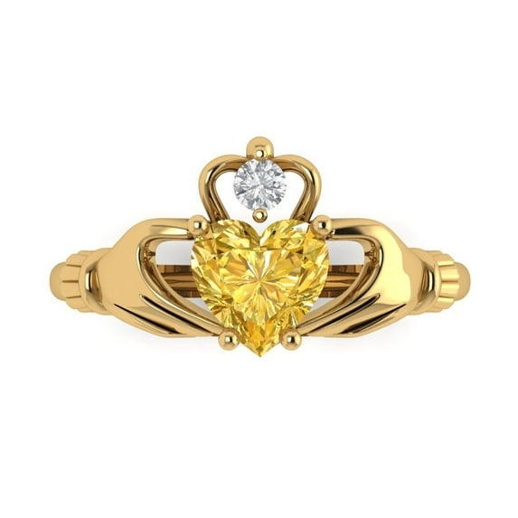 1.06 ctw Claddagh Anniversary Ring for Women | Heart Cut Simulated Yellow Diamond | Hyperallergenic Solid 18K Yellow Gold