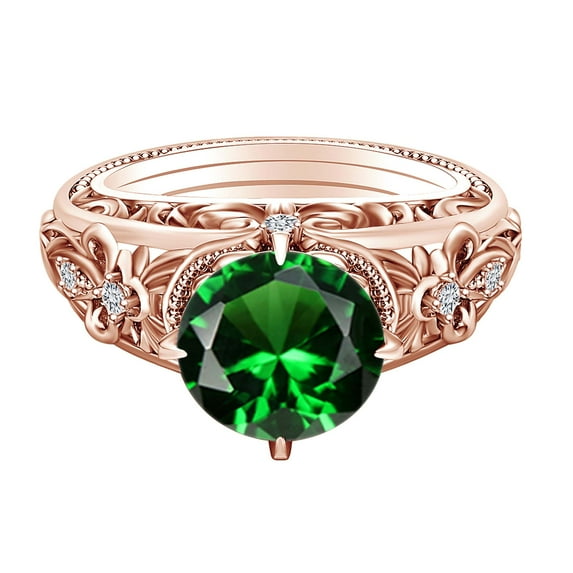 AFFY 1.07 Carat Round Shape Simulated Emerald & Natural Diamond Engagement Ring 14K Solid Rose Gold Ring Size-8