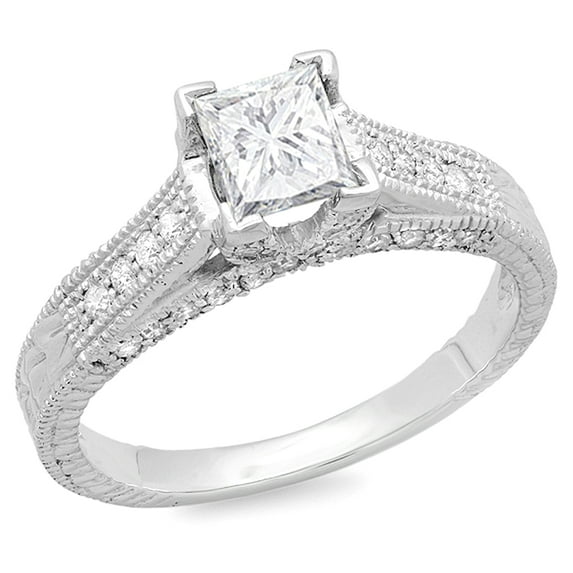 1.07 Carat (ctw) 14k White Gold Princess & Round Diamond Ladies Bridal Ring 0.71CT center included