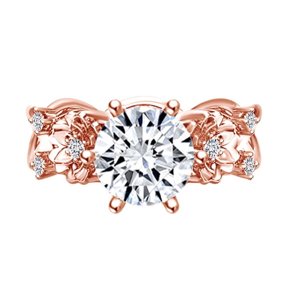 AFFY 1.08 Carat(Cttw) Round Moissanite & Natural Diamond Two Flowers Engagement Ring 14K Solid Rose Gold Ring Size-10