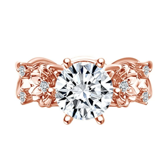 AFFY 1.08 Carat(Cttw) Round Moissanite & Natural Diamond Two Flowers Engagement Ring 14K Solid Rose Gold Ring Size-7.5
