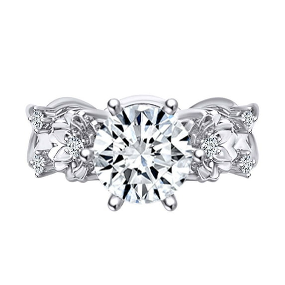 AFFY 1.08 Carat(Cttw) Round Moissanite & Natural Diamond Two Flowers Engagement Ring 14K Solid White Gold Ring Size-5