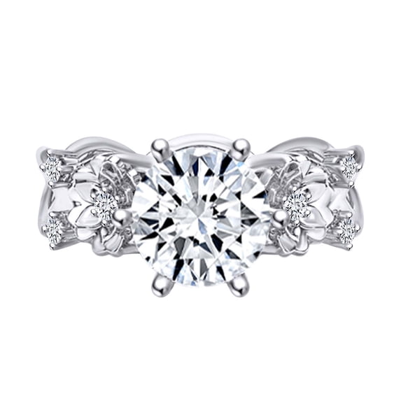 AFFY 1.08 Carat(Cttw) Round Moissanite & Natural Diamond Two Flowers Engagement Ring 14K Solid White Gold Ring Size-7.5