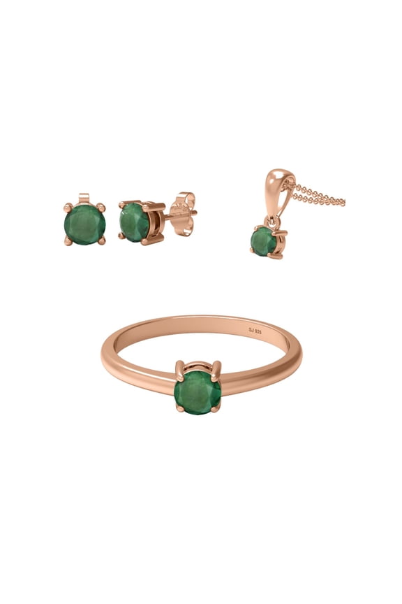 1.08 Ct Round Emerald 925 Sterling Silver Rose Vermeil Solitaire Ring Pendant Earring Set Jewelry