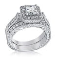 thumbnail image 1 of 1.08ctw Princess Cut CZ Halo Vintage Bridal Wedding Ring Set in Rhodium Plating, 1 of 8