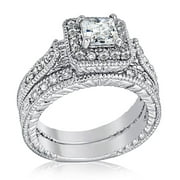 1.08ctw Princess Cut CZ Halo Vintage Bridal Wedding Ring Set in Rhodium Plating