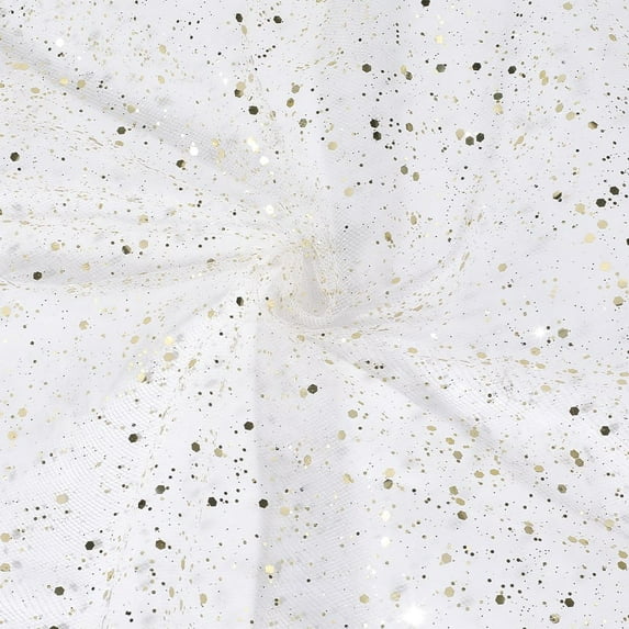 1.09 Yards 59 Inch White Mesh Gold Sequin Sheer Paillette Sparkle Organza Glitter Tulle Transparent Shiny Lace Polyester Fabric for Sewing Making Wedding Dress Clothing DIY Craft Supply